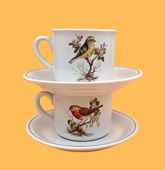 2 ceramic CUPS with vintage bird decor