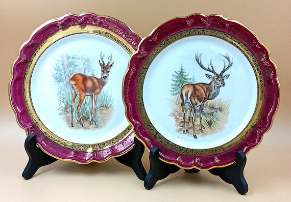Duo PLATES porcelain vintage bird pattern PERLUX MONTRY Limoges porcelain