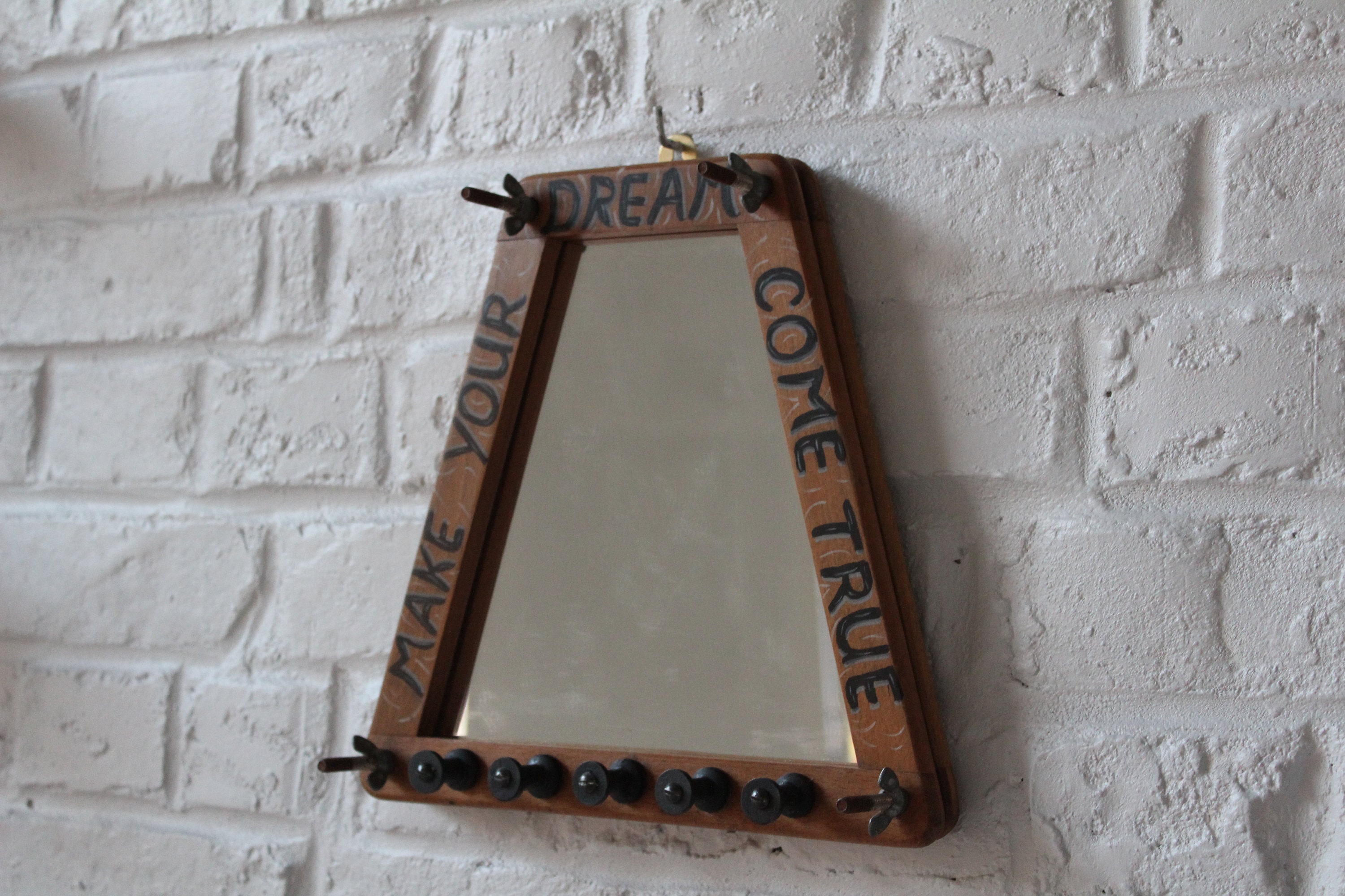 Miroir Cadre en Bois Raquette de Tennis, Presse Vintage 1940 Trapézoïdale, Accroche Clés