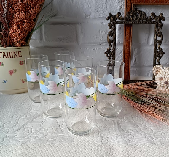 6 Luminarc BAHAMAS water glasses with vintage floral pattern