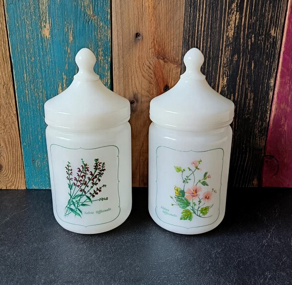 Set of 2 white OPALINE POTS, vintage apothecary jar