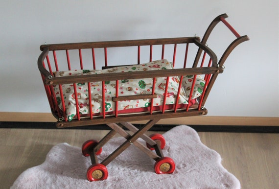 Restored Dejou doll's cradle, Little Red Riding Hood bed linens, bassinet, doll's bed