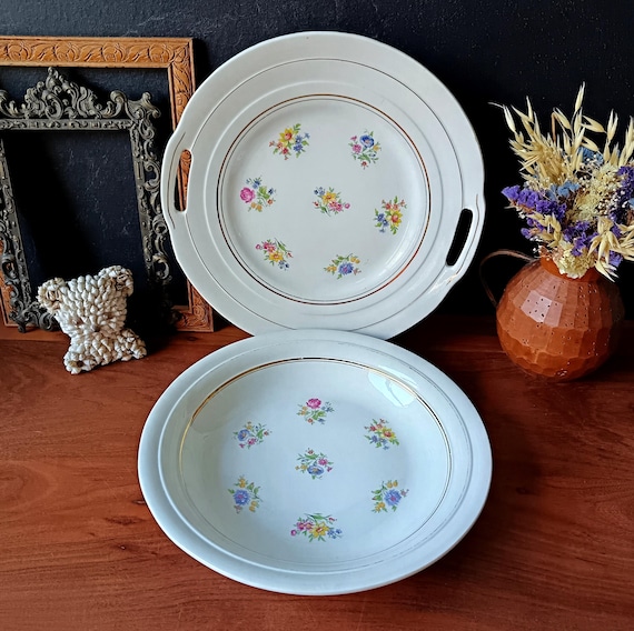 2 porcelain plates with vintage multicolored floral pattern, Porcelor Ceranord France