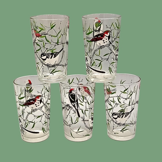 5 small vintage silkscreened bird motif GLASSES 1960/70