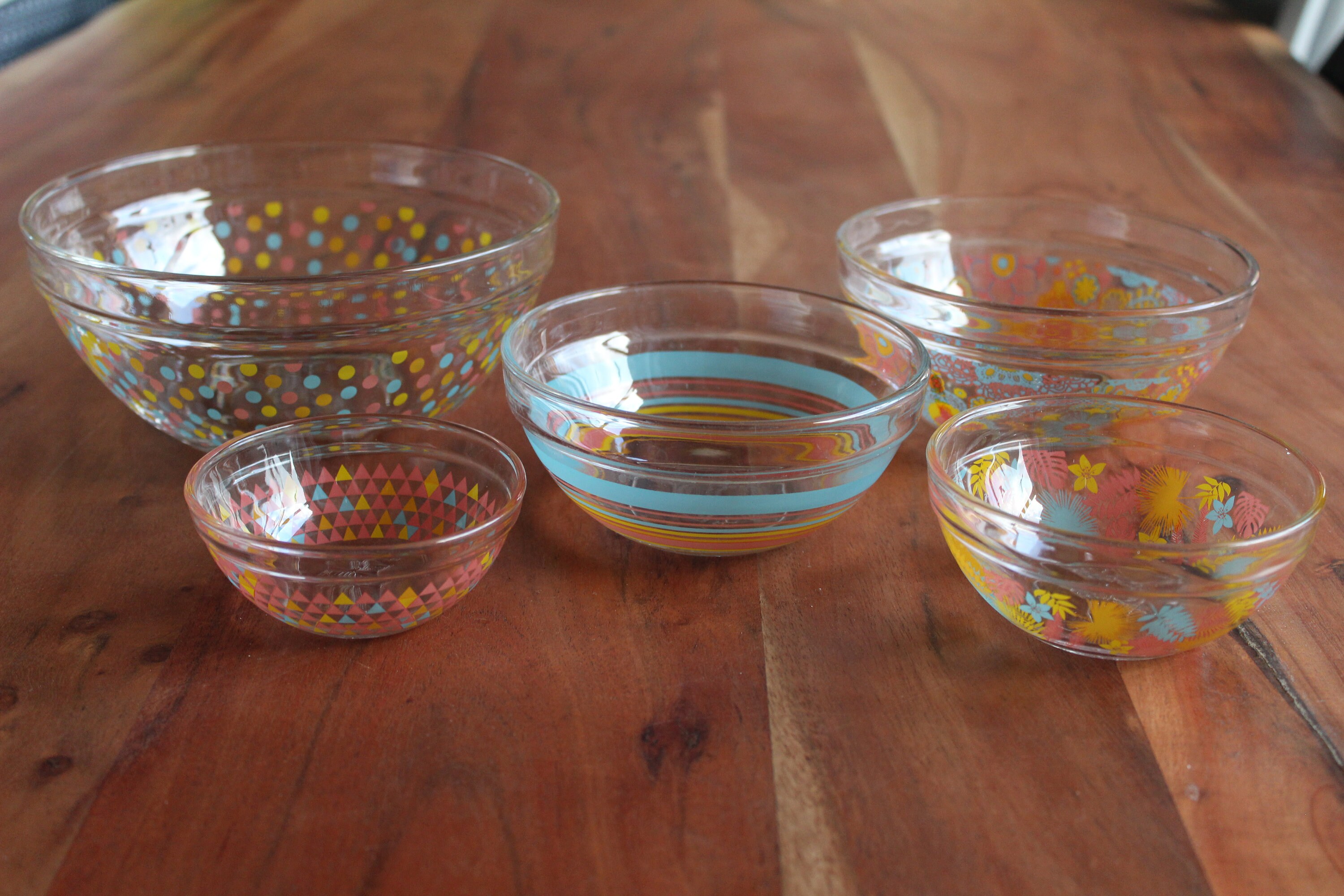 5 Bols Coupelles en Verre Transparent Motifs Variés Vintage Français France 1990's