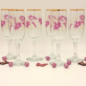 6 FLÛTES à CHAMPAGNE vintage en verre motif fleurs violettes vintage