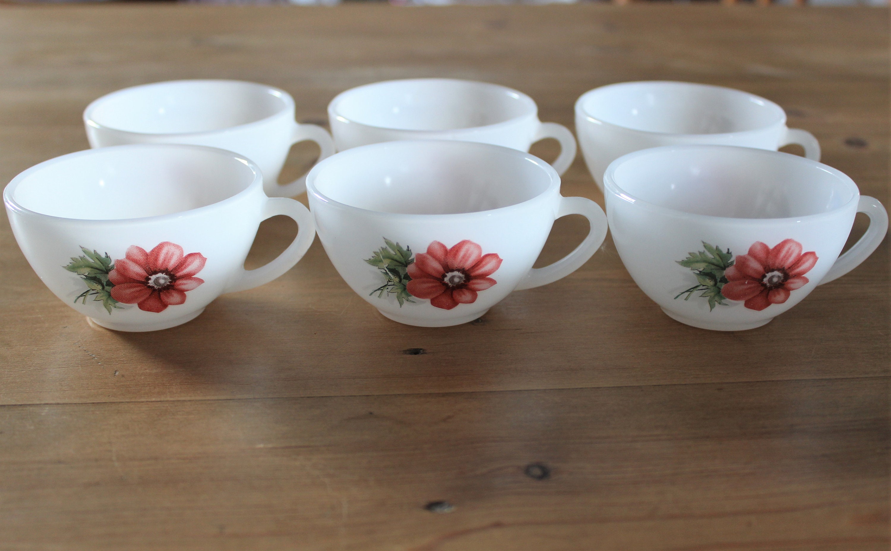 Ensemble 6 Tasses en Verre Trempé Arcopal, Motif Anémone Rouge, Vintage Français