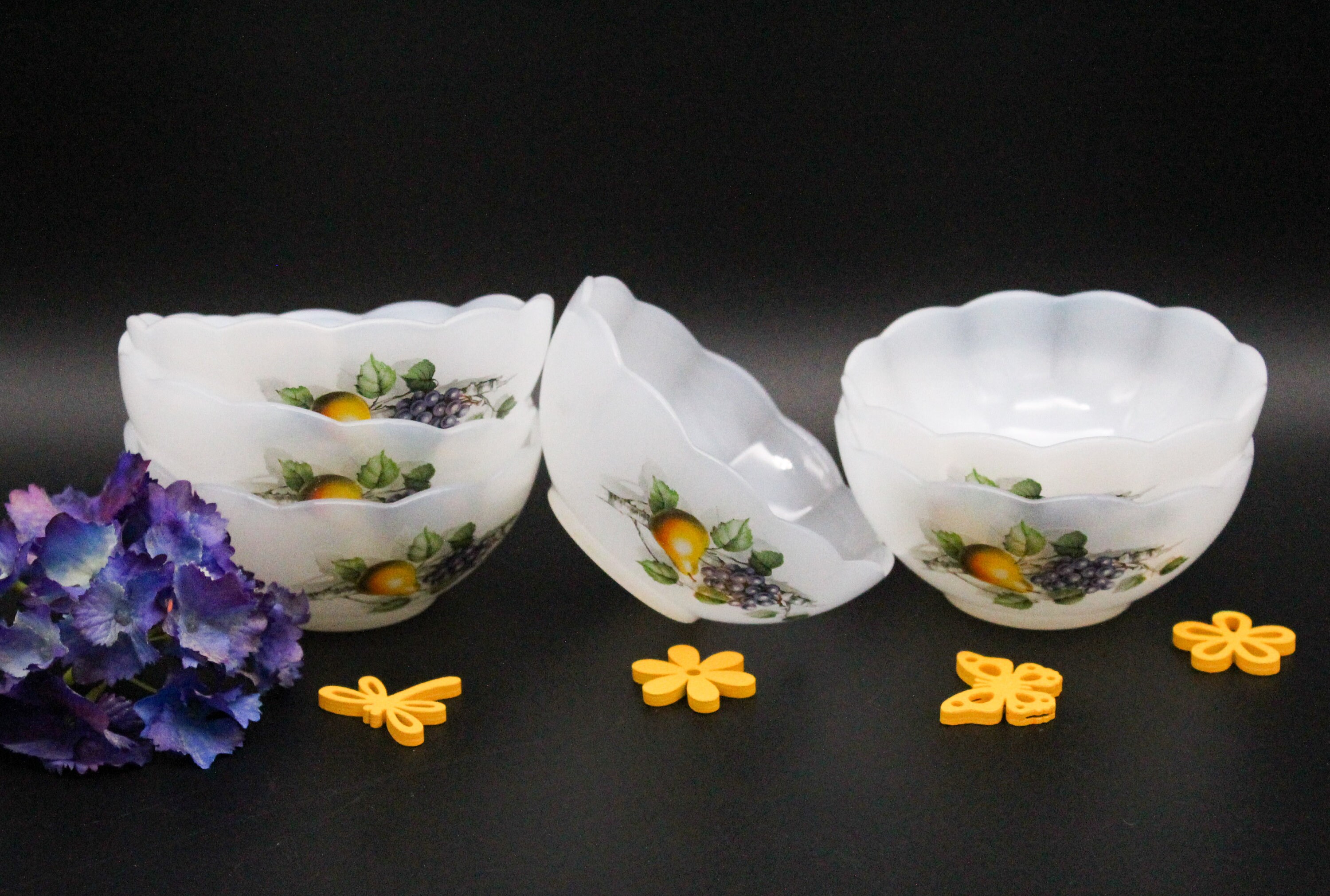 6 Bols à Dessert Arcopal Vintage Décor Automne, Coupelles en Opaline Fruits Poire et Raisin