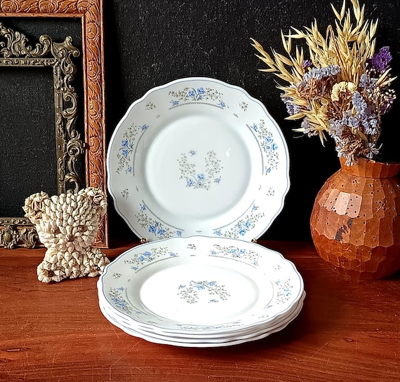 5 Arcopal France opaline dessert plates with a romantic motif