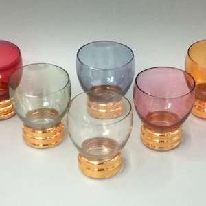 6 pretty multicolored GLASSES in vintage harlequin colored glass