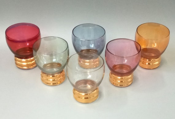6 pretty multicolored GLASSES in vintage harlequin colored glass