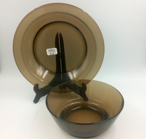 2 VINTAGE SMOKE GLASS DISHES/SALAD BOWLS Véréco France