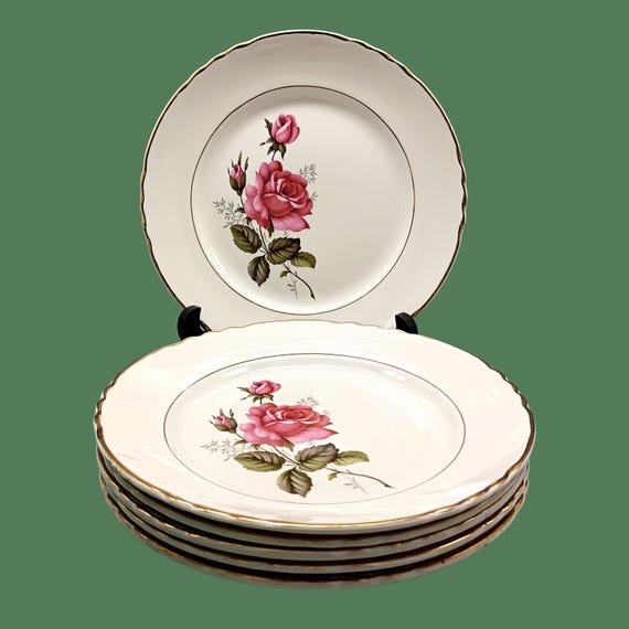 6 vintage French flat plates with pink rose pattern, Orchies Moulin des loups