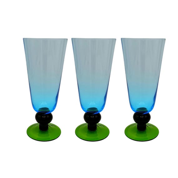 3 vintage design cocktail glasses, green blue