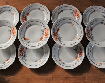 12 flat porcelain PLATES with orange and gray nasturtium pattern