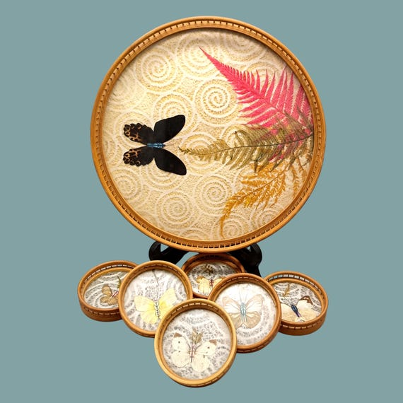 Charming TRAY and 6 COASTERS with butterfly decor, vintage