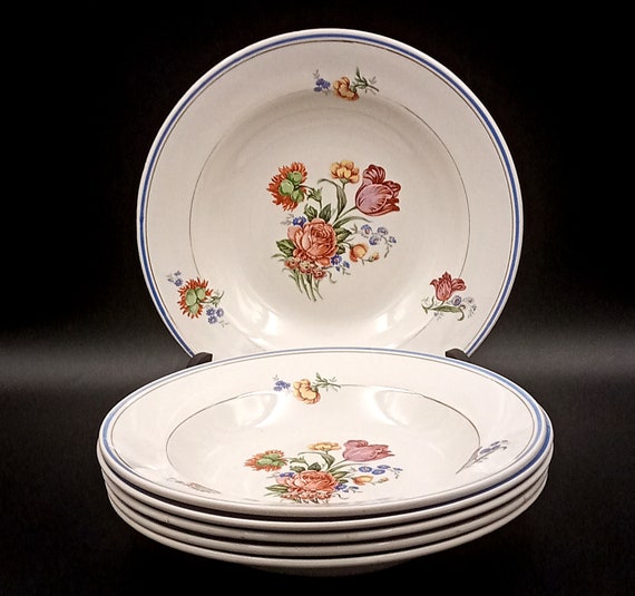 6 vintage French soup plates, semi-porcelain Orchies Saint-Amand, flowers