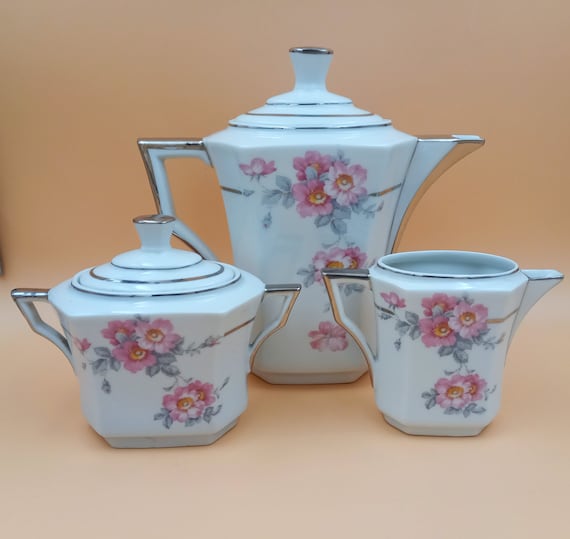 COFFEE POT, SUGAR BOWL and CREAM POT porcelain pink flowers Shabby French style tea coffee 50s