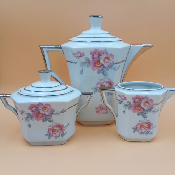 CAFETIÈRE, SUCRIER et  CRÉMIER  porcelaine fleurs roses Shabby style français thé café années 50