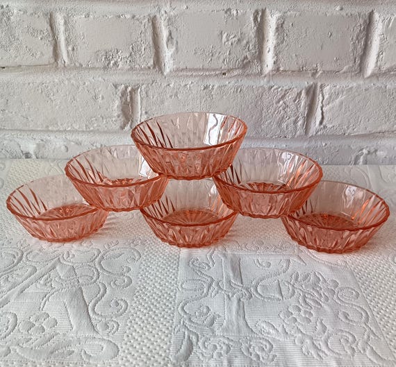 6 vintage French pink molded glass bowls from the 1960s