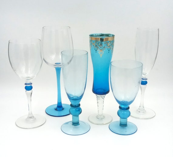 6 mismatched GLASSES vintage blue glass, wine glass flutes