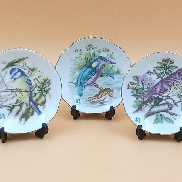 3 ASSIETTES miniatures porcelaine motif oiseaux vintage Yves Rocher