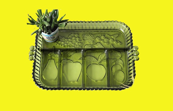 Vintage green thick glass tray, retro tray, 1960, indiana glass company, vintage glass tray
