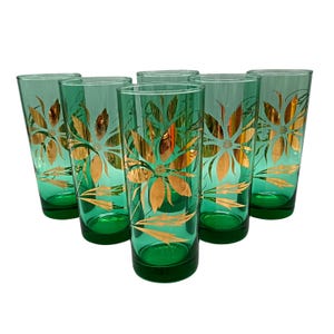 6 LONG-DRINK GLASSES emerald green and gold vintage France flowers