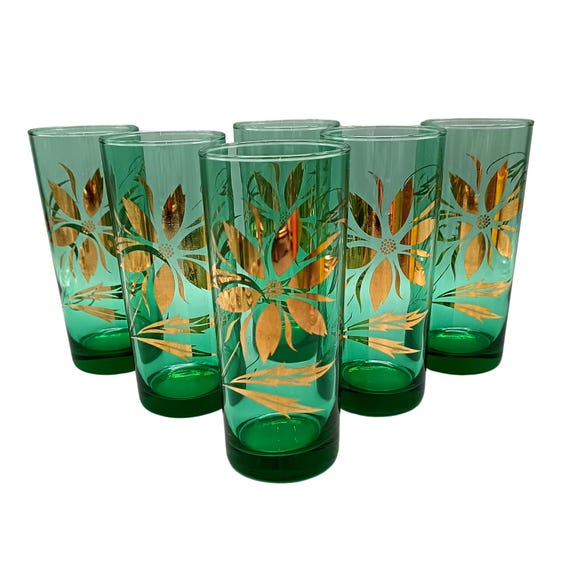 6 LONG-DRINK GLASSES emerald green and gold vintage France flowers
