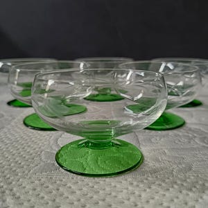 6 Superb antique liqueur glasses on green stems, vintage cut glass