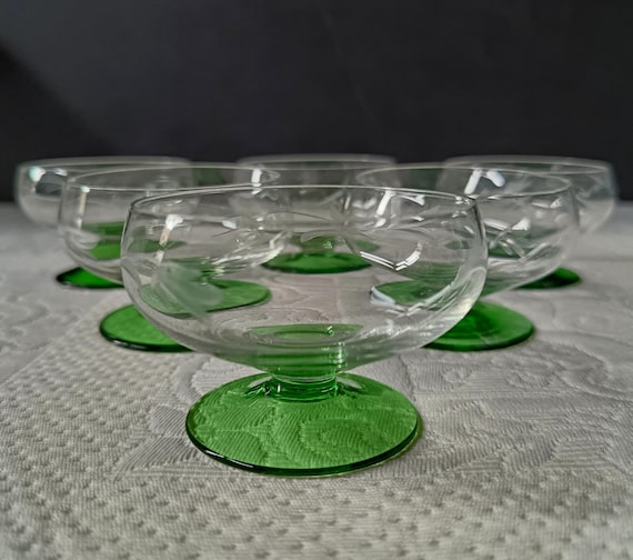 6 Superb antique liqueur glasses on green stems, vintage cut glass