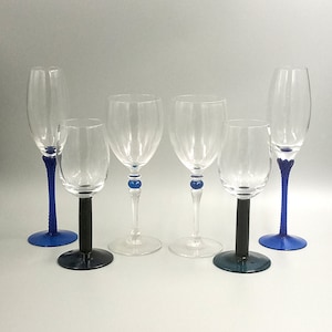 6 GLASSES assorted vintage blue glass, wine glass flutes