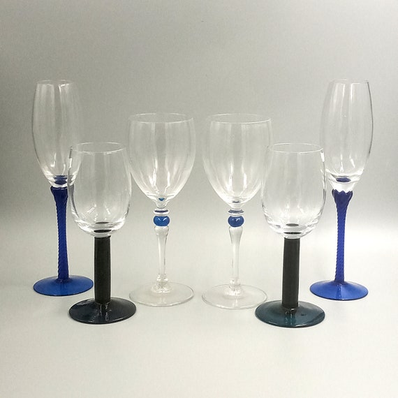 6 GLASSES assorted vintage blue glass, wine glass flutes