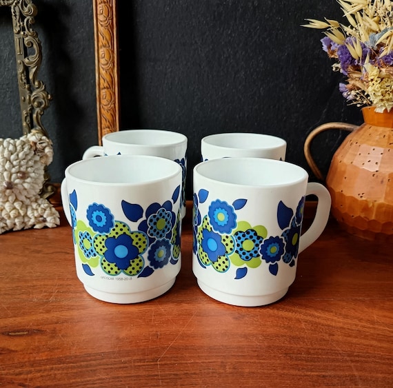 4 MUGS Arcopal France opaline motif  LOTUS ré-édition 2018