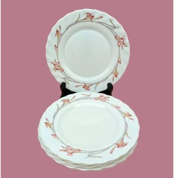 6 Arcopal France opaline dessert PLATES, cream color with pink iris pattern