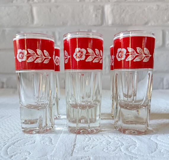 6 vintage red and white flower decorated liqueur glasses