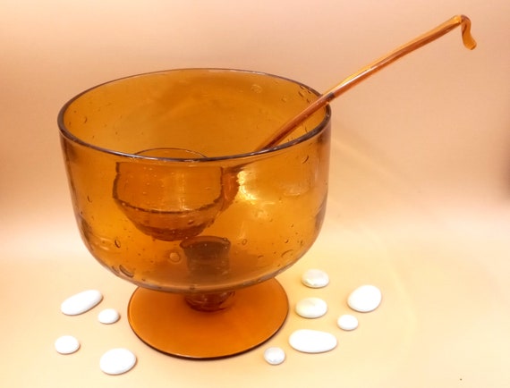 Glass PUNCH BOWL and LADLE by La Rochère, vintage, French, mouth blown