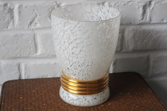 Clichy style vase, speckled white glass with gold trim