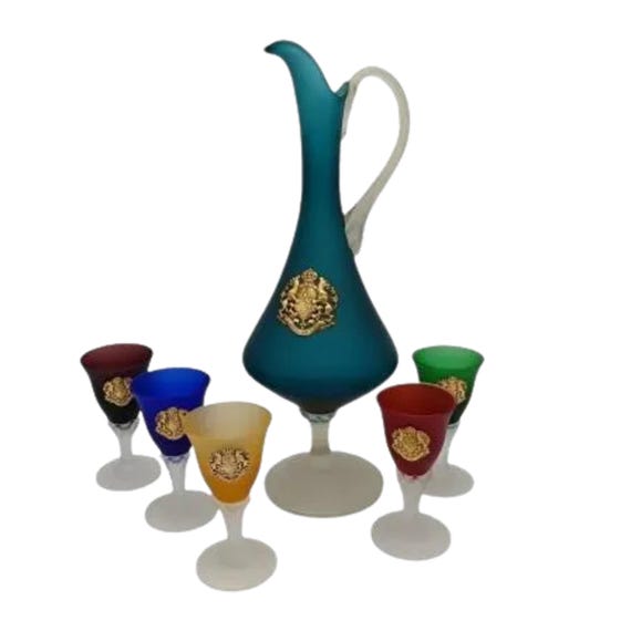Superb blue CARAFE in frosted blown glass and 5 multi-colored glasses