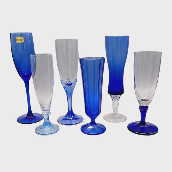 6 Assorted Vintage Blue Glasses, Champagne Flutes