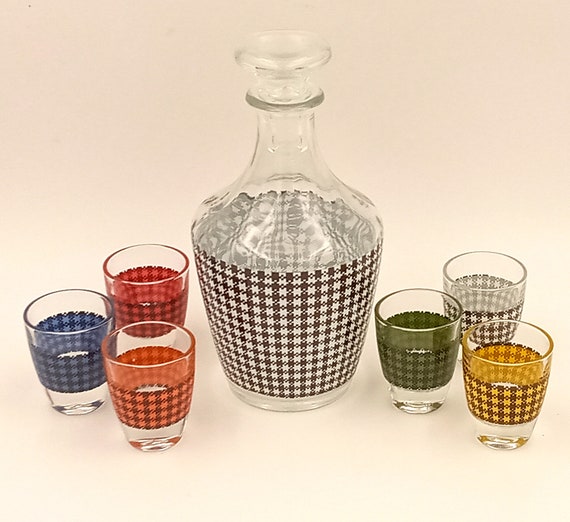 Multicolored liqueur set, Carafe and glasses, decanter, houndstooth, French carafe and 6 glasses, vintage French