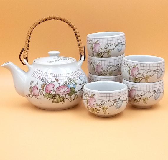TEA SET in earthenware with pink and blue morning glory flowers 1980
