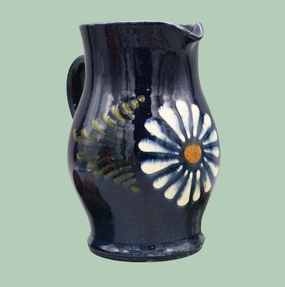 Vintage dark blue ceramic PITCHER with daisy pattern