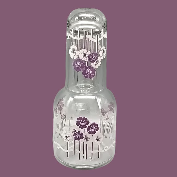 Beautiful NIGHT CARAFE and Water Glass in Enameled Glass Flowers by AVIR, liquor carafe and glass