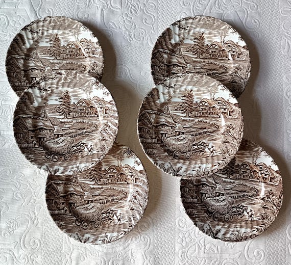 6 Ridgway "Hayride" brown and white dessert plates, Staffordshire Ironstone