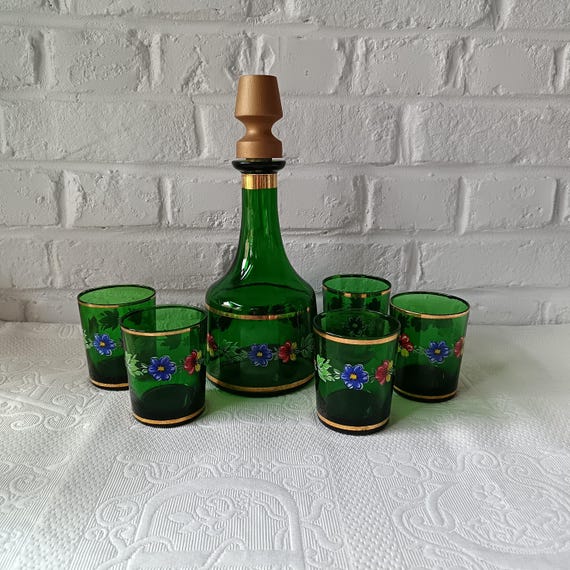 Antique colored glass liquor set, vintage emerald green carafe
