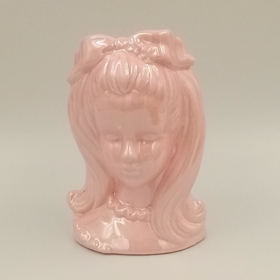 CACHE POT / VASE vintage young girl bust, iridescent pink, ceramic, France