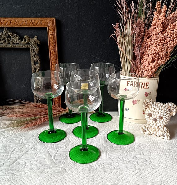 6 elegant Luminarc emerald green stem glasses, Rhine wine glasses, white wine glasses