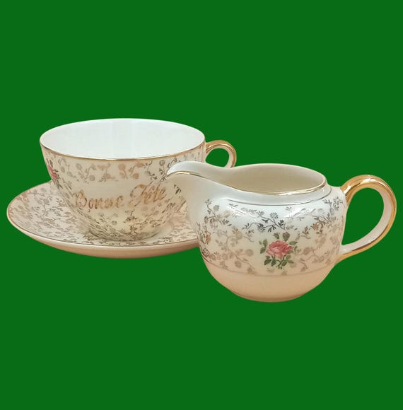 Vintage Villeroy and Boch CUP and CREAMER, “Bonne Fête”, red roses with gold details
