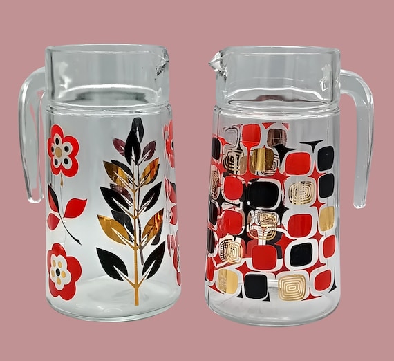 Vintage lemonade PITCHER, Luminarc red, black and gold patterns